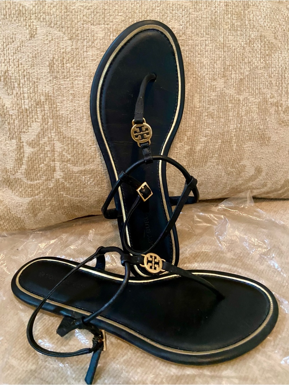 Tory Burch Black Leather T-Strap Sandals with Gold Accent